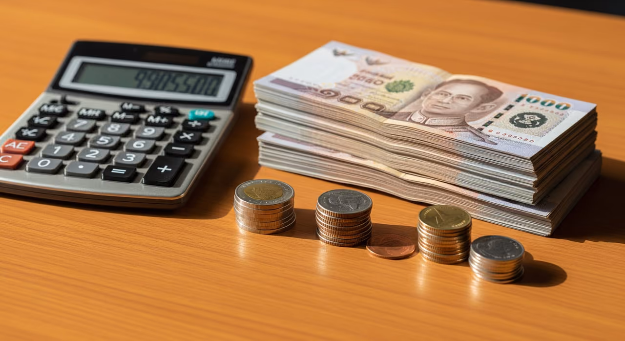 เครื่องคิดเลขและกองธนบัตรและเหรียญบาทไทยที่จัดเรียงอย่างเรียบร้อยบนโต๊ะไม้สะอาด แสดงถึงค่าใช้จ่ายของ Destination Thailand Visa