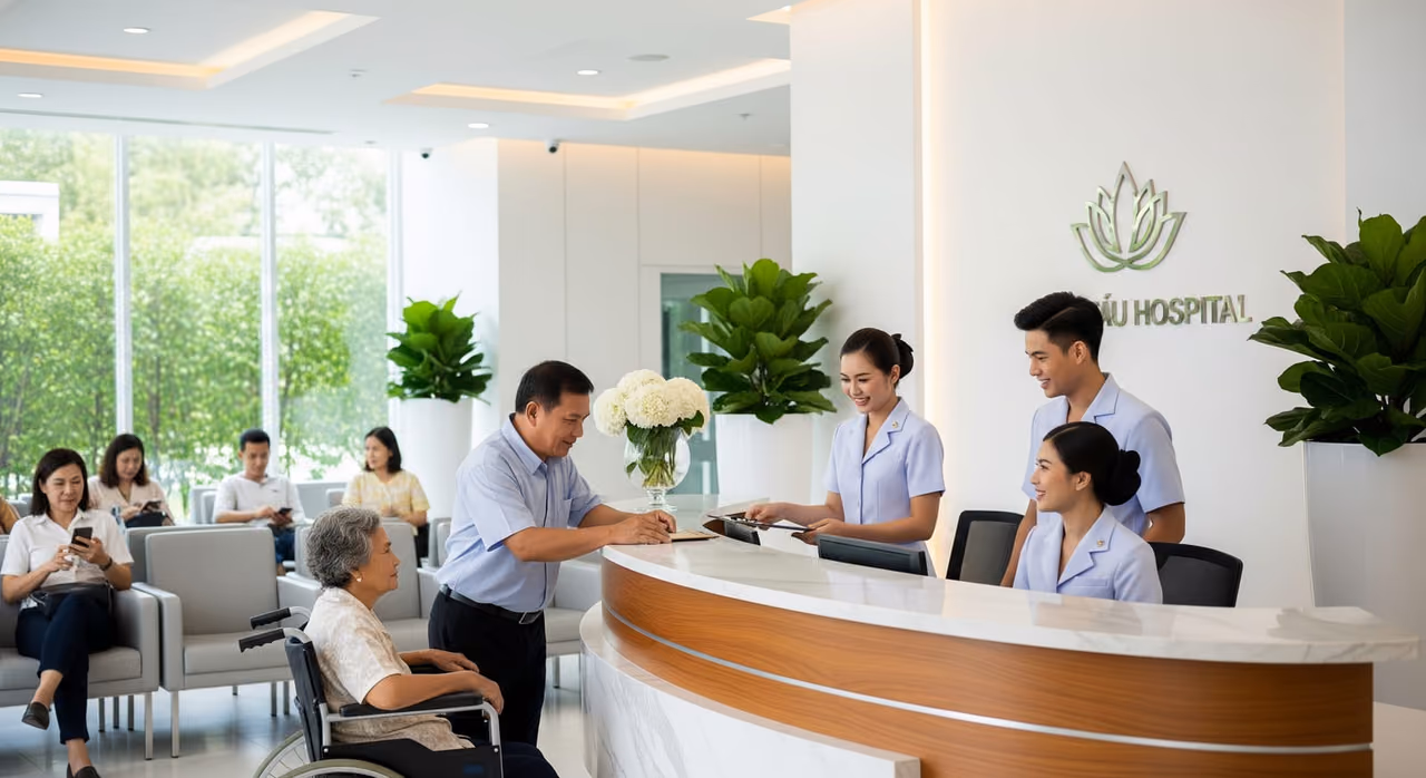 Una recepción moderna de un hospital tailandés con pacientes siendo recibidos por un atento personal médico.