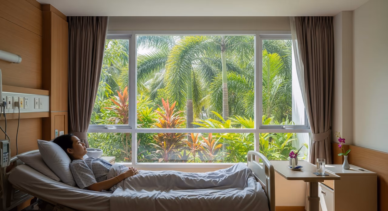 Un paciente recuperándose en una cómoda y luminosa habitación de hospital tailandesa con vistas al verdor.