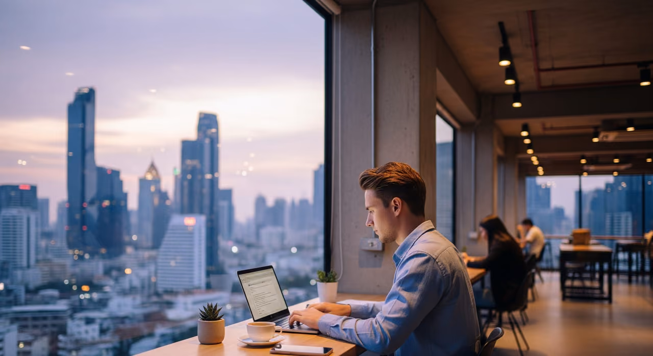 Pracovník na dálku s notebookem v moderním coworkingu v Bangkoku s výhledem na panorama města oknem