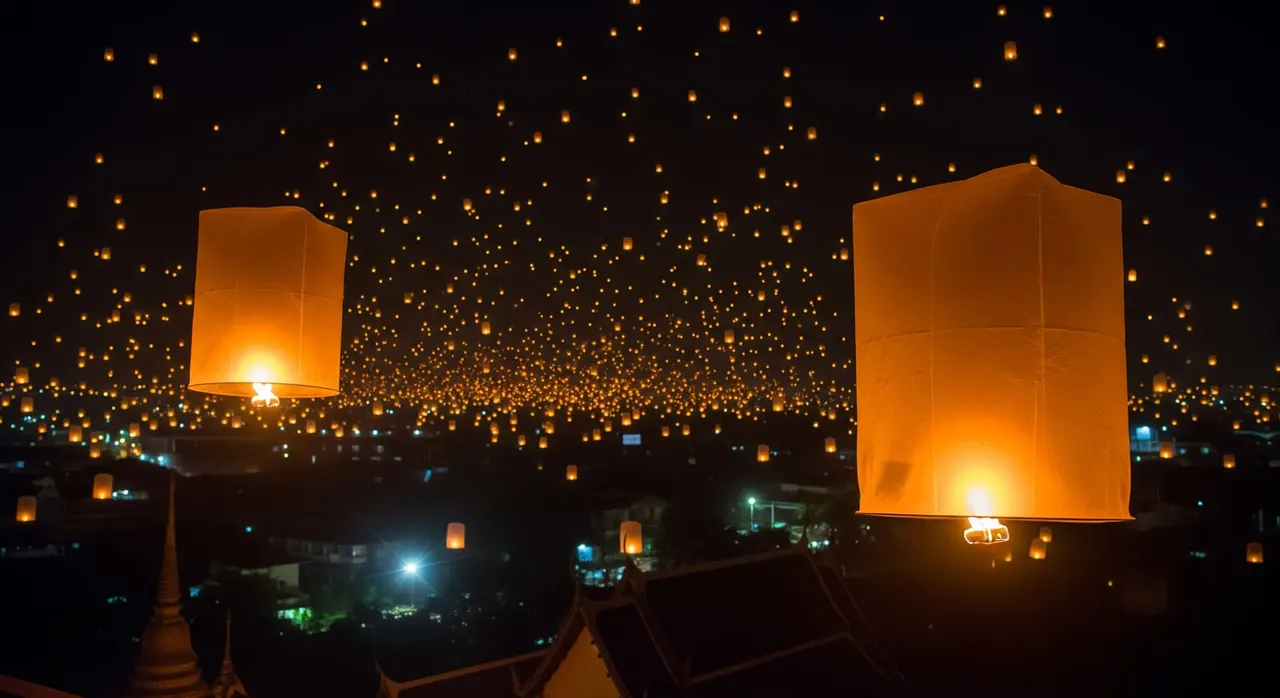 Chiang Mai'deki Yi Peng festivali sırasında gece gökyüzüne yükselen binlerce parlayan fener