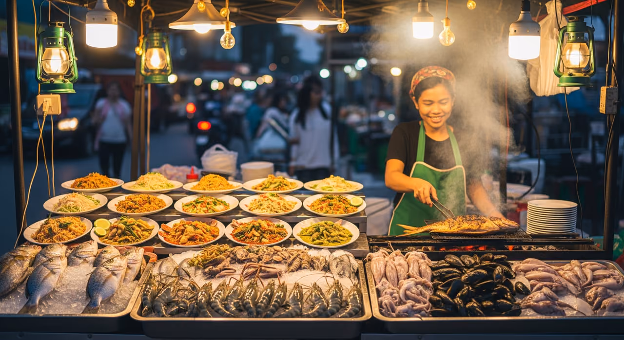 A vibrant Pattaya street-food stall serving freshly grilled seafood and classic Thai dishes at dusk
