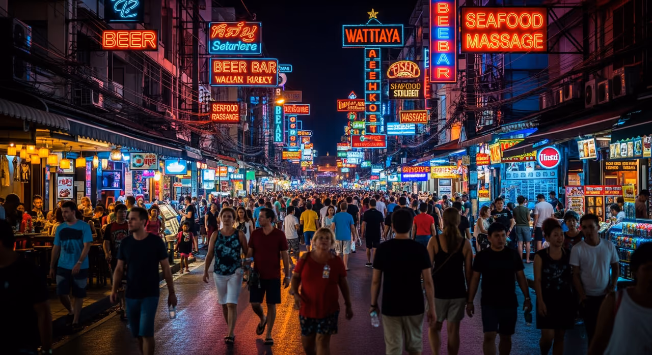 Pattaya Walking Street glowing with neon lights and lively crowds after dark