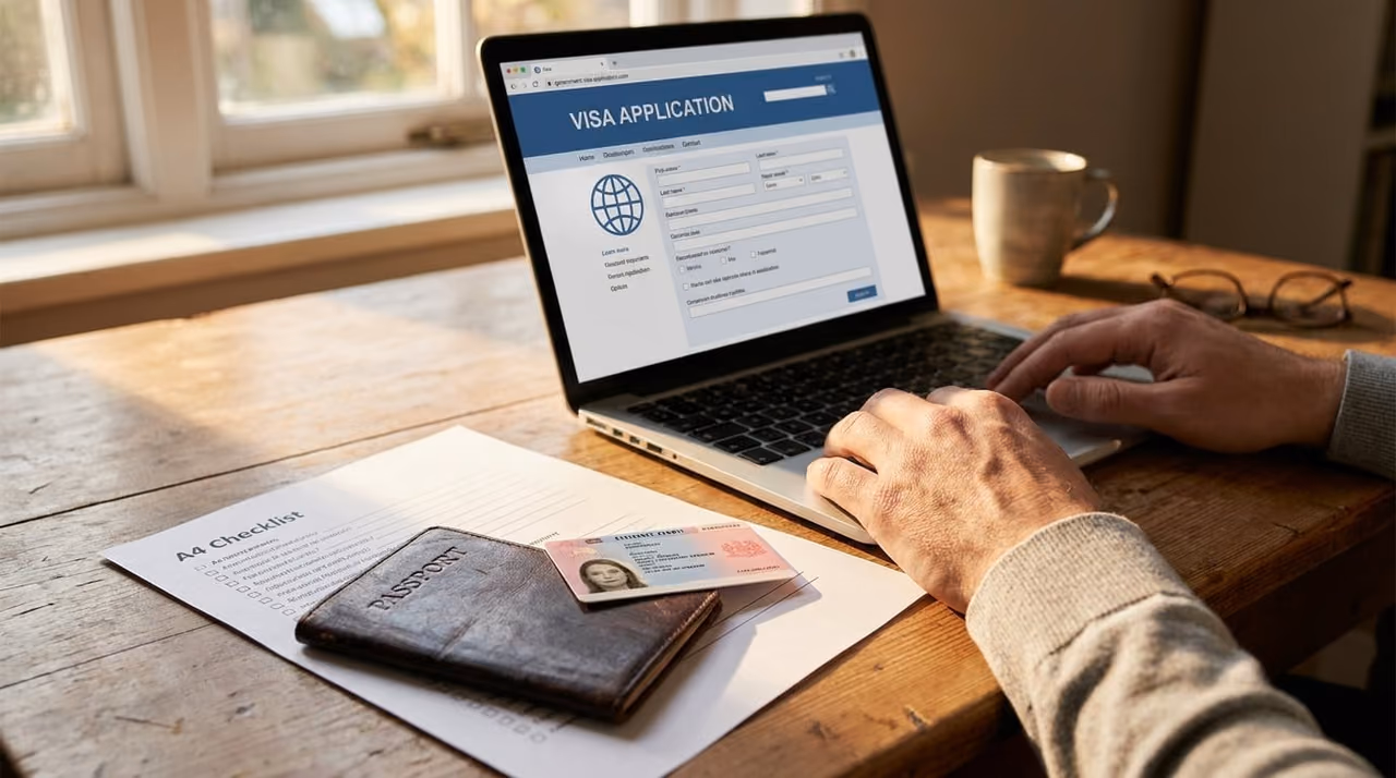 A traveller at a wooden desk comparing a passport, a residence permit card and a printed embassy checklist beside an open laptop showing an online visa application form, warm afternoon light.