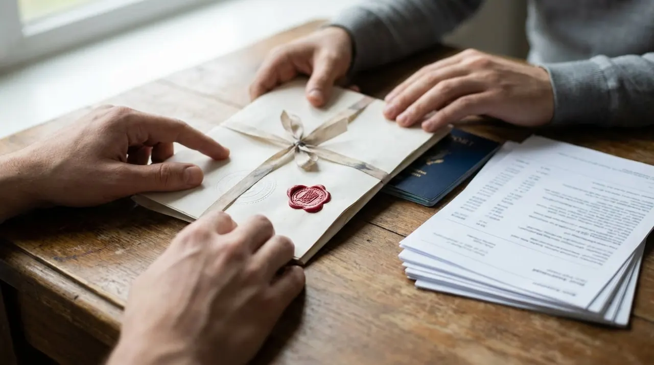 Flat-lay on a desk of a police clearance certificate with an official stamp, a passport, printed bank statements and a smartphone showing an email confirmation, soft daylight from a window.