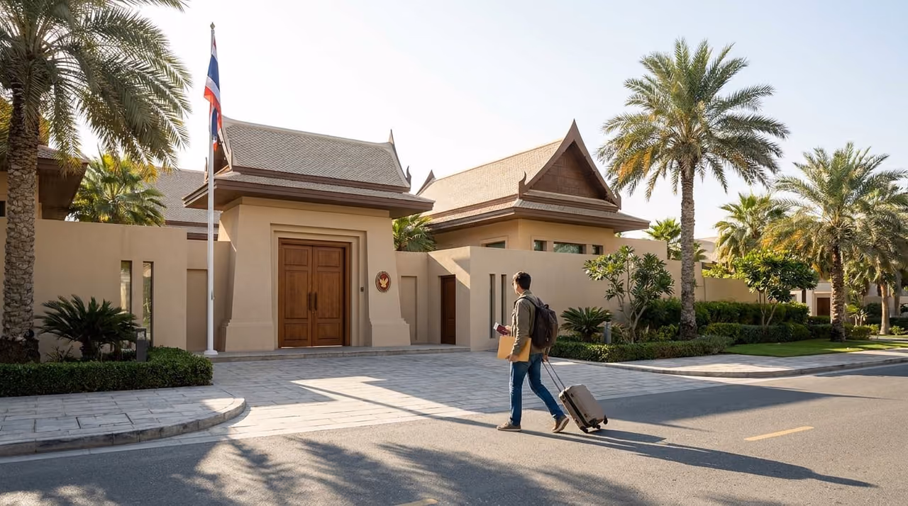 Exterior of a Thai embassy building with the Thai flag beside a queue-free entrance, a traveller holding a passport and document folder, bright morning light.