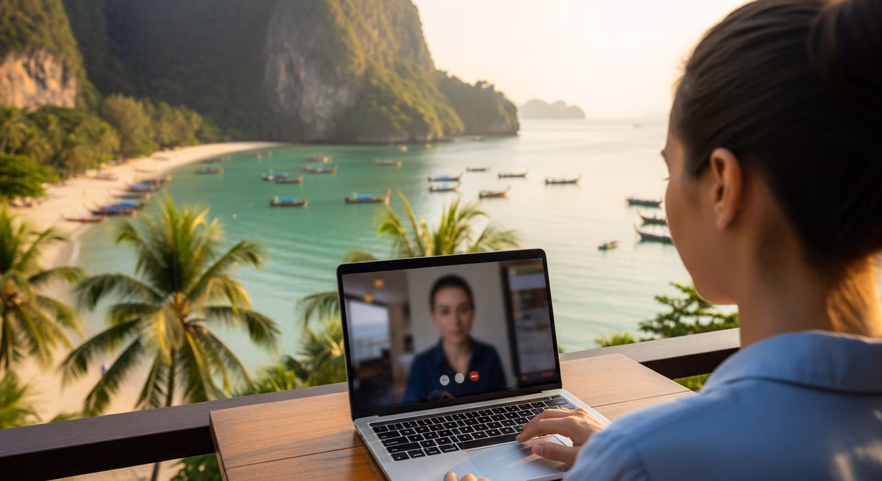 A remote worker taking a video call from a laptop overlooking a tropical Thai coastline.
