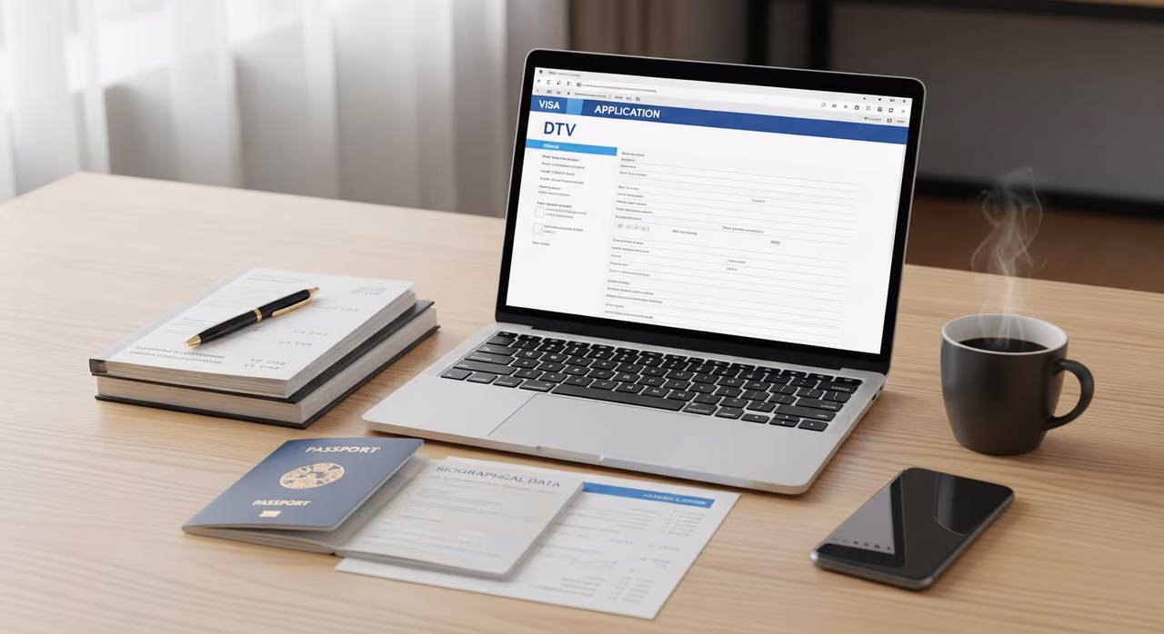 An organised desk with passport, documents and a laptop prepared for a DTV visa application.