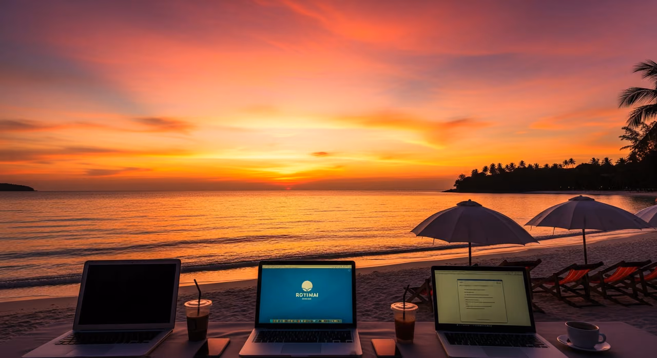 A sunset view over Chaweng beach in Thailand, a popular base for DTV remote workers.