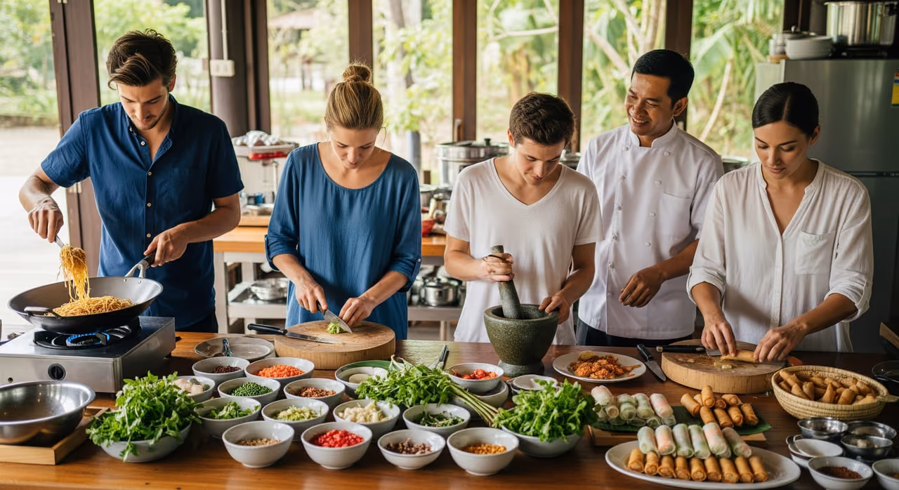 Estudiantes aprendiendo a preparar platos tailandeses auténticos durante una clase de cocina práctica en Tailandia.