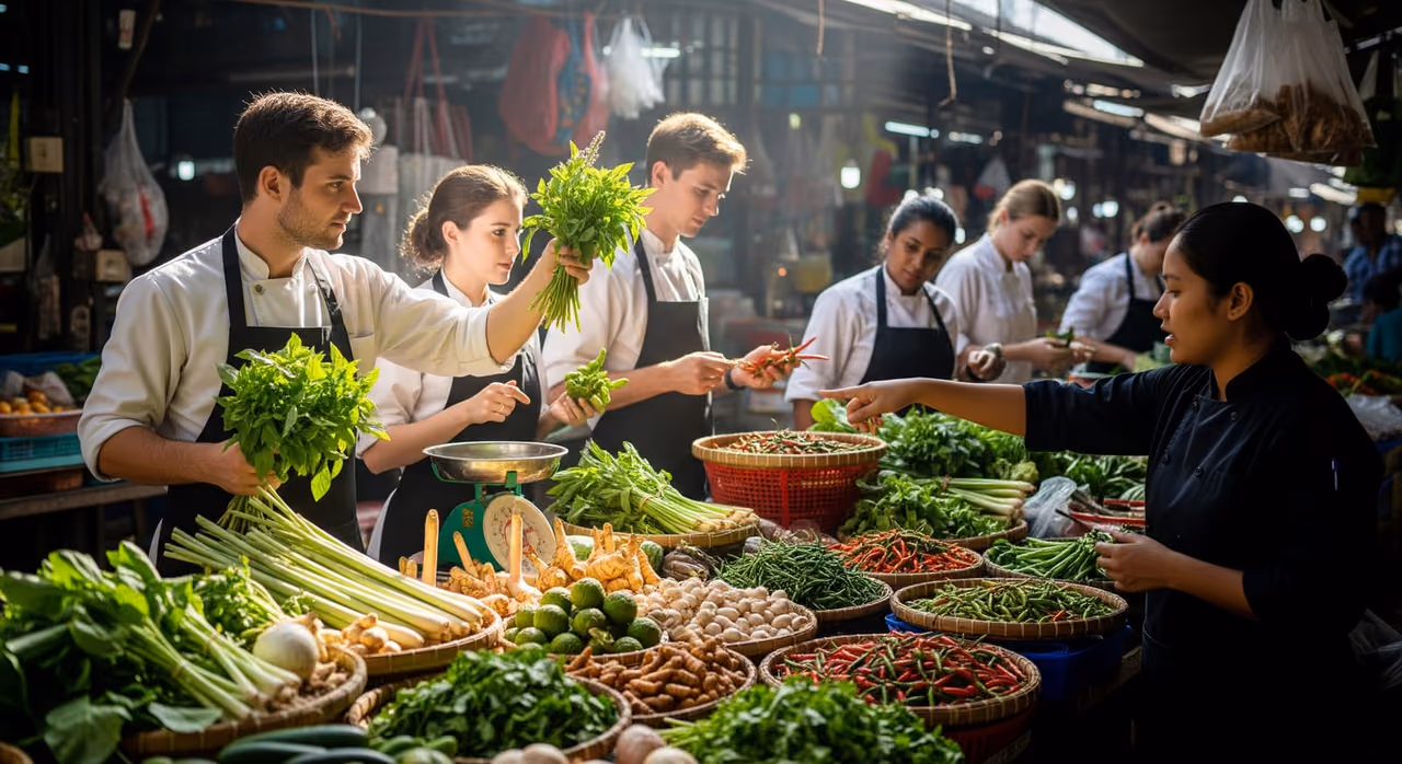 Un vibrante recorrido por un mercado tailandés donde los estudiantes de cocina seleccionan hierbas frescas, verduras y especias.