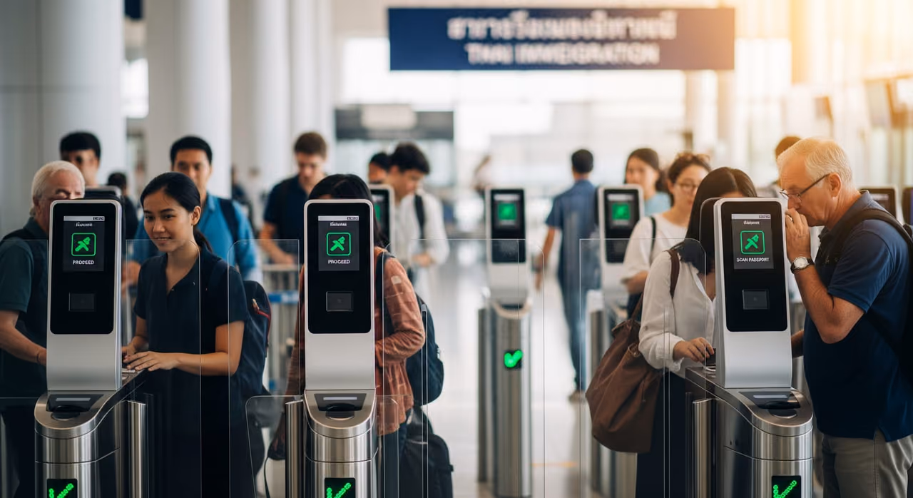 Travelers passing through automated immigration gates at a Thai international airport