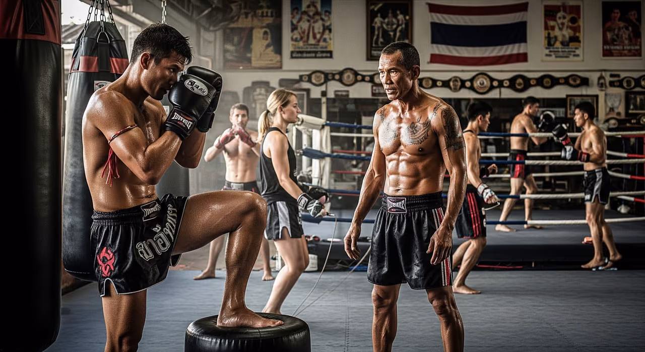 Fighters training at a professional Muay Thai gym in Thailand under the guidance of expert trainers.
