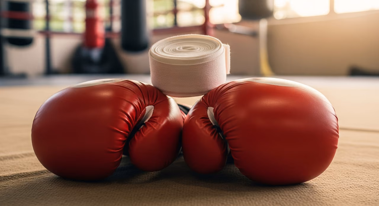 Close-up of Muay Thai gloves and hand wraps ready for a training session at a certified gym in Thailand.