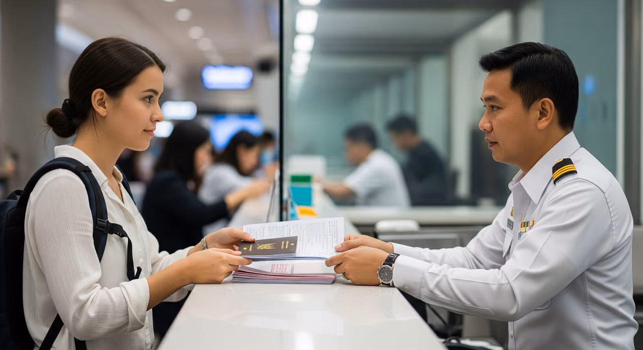 A traveler presenting passport and supporting documents to a Thai immigration officer on re-entry.