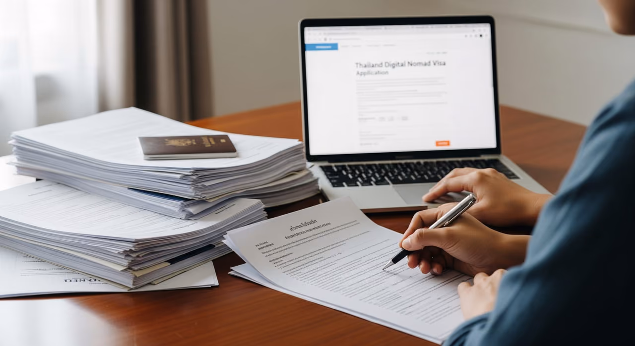 Um trabalhador remoto organizando documentos de visto e um laptop enquanto prepara um pedido de Thailand DTV