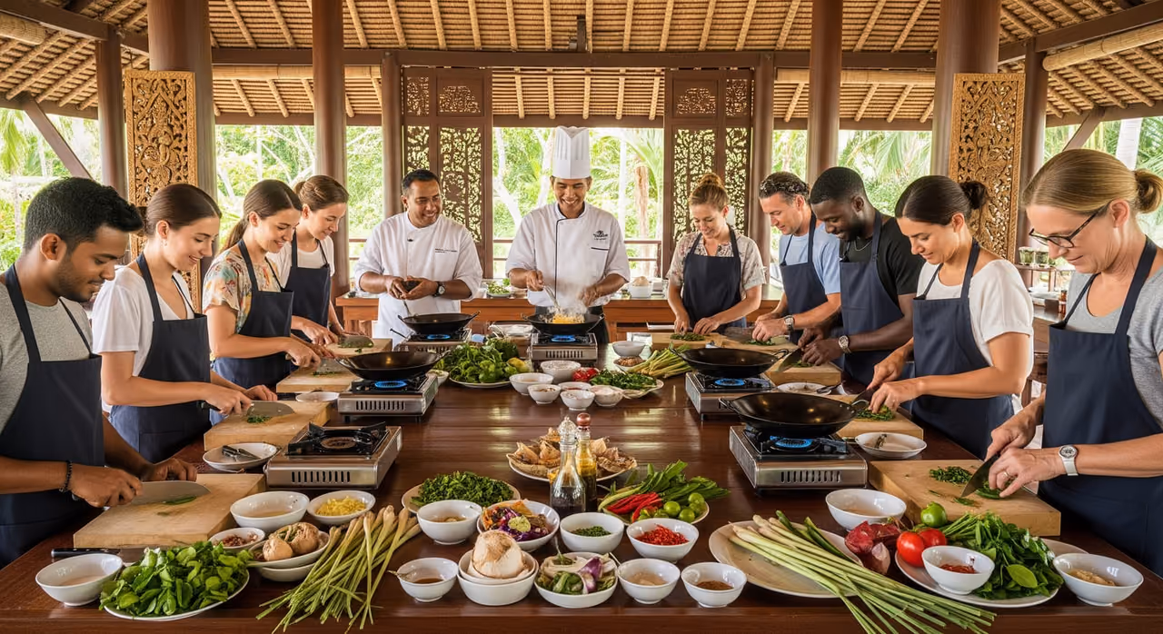 Students learning to prepare authentic Thai dishes in a traditional cooking class, a qualifying cultural activity for the DTV.