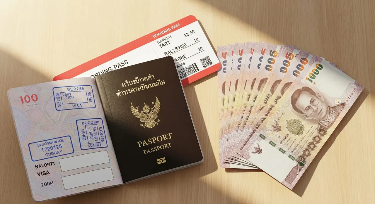 หนังสือเดินทางของนักท่องเที่ยววางอยู่ข้างกองธนบัตรไทยที่เรียงอย่างเป็นระเบียบและบัตรขึ้นเครื่องบนโต๊ะสะอาด มุมมองจากด้านบนในแสงธรรมชาติอบอุ่น