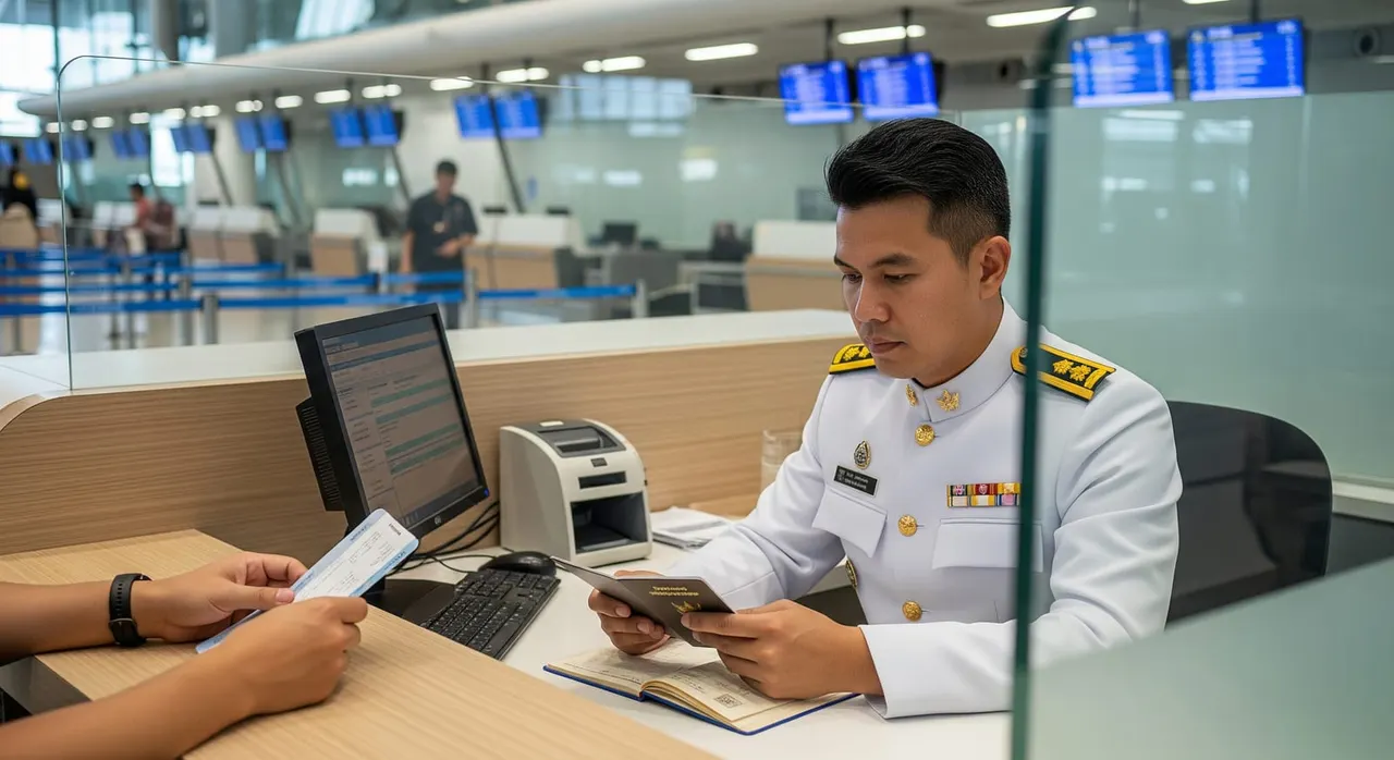 เจ้าหน้าที่ตรวจคนเข้าเมืองที่ช่องตรวจหนังสือเดินทางในสนามบินไทย กำลังตรวจสอบเอกสารนักเดินทางข้ามเคาน์เตอร์ ภายในอาคารผู้โดยสารสมัยใหม่