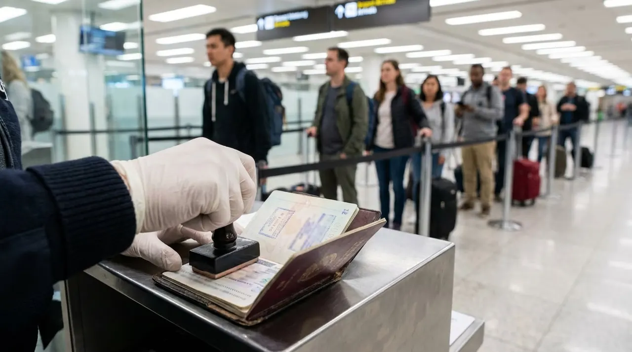 Thai immigration officer at an international airport checking a traveller’s passport under a sign showing a 30-day stamp icon, queues of arriving tourists in the background, bright terminal lighting.