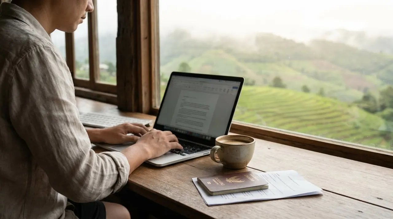 Remote worker with a laptop and a coffee at a quiet co-working desk overlooking green hills in northern Thailand, a passport and a printed visa document beside the keyboard, soft morning light.