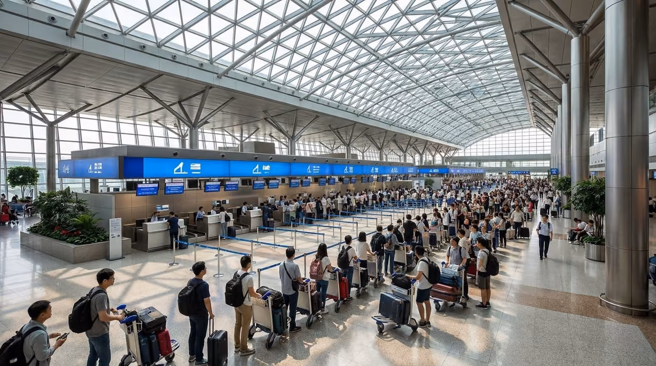 Arrivals hall at Bangkok Suvarnabhumi Airport with travellers queuing at passport control under large blue immigration signage, wide editorial view in daylight.