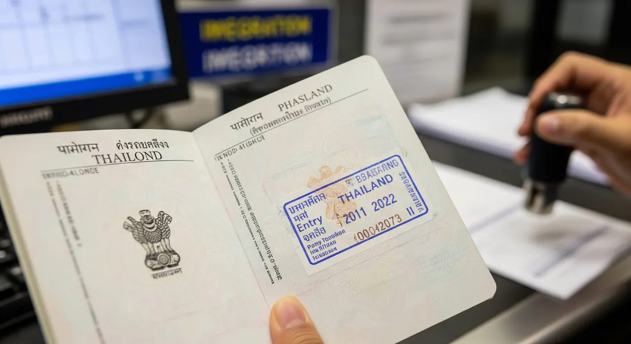 Indijos paso atvaizdas iš arti, laikomo atidaryto prie Tailando imigracijos langelio, matomas puslapis su įvažiavimo antspaudu, silpnas lauko gylis, nėra teksto ant ženklų.
