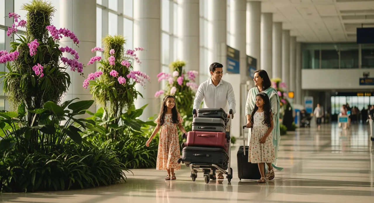 Indian travellers with passports waiting at a sunlit Thailand international airport immigration arrivals hall, modern signage and queue barriers, warm tropical morning light