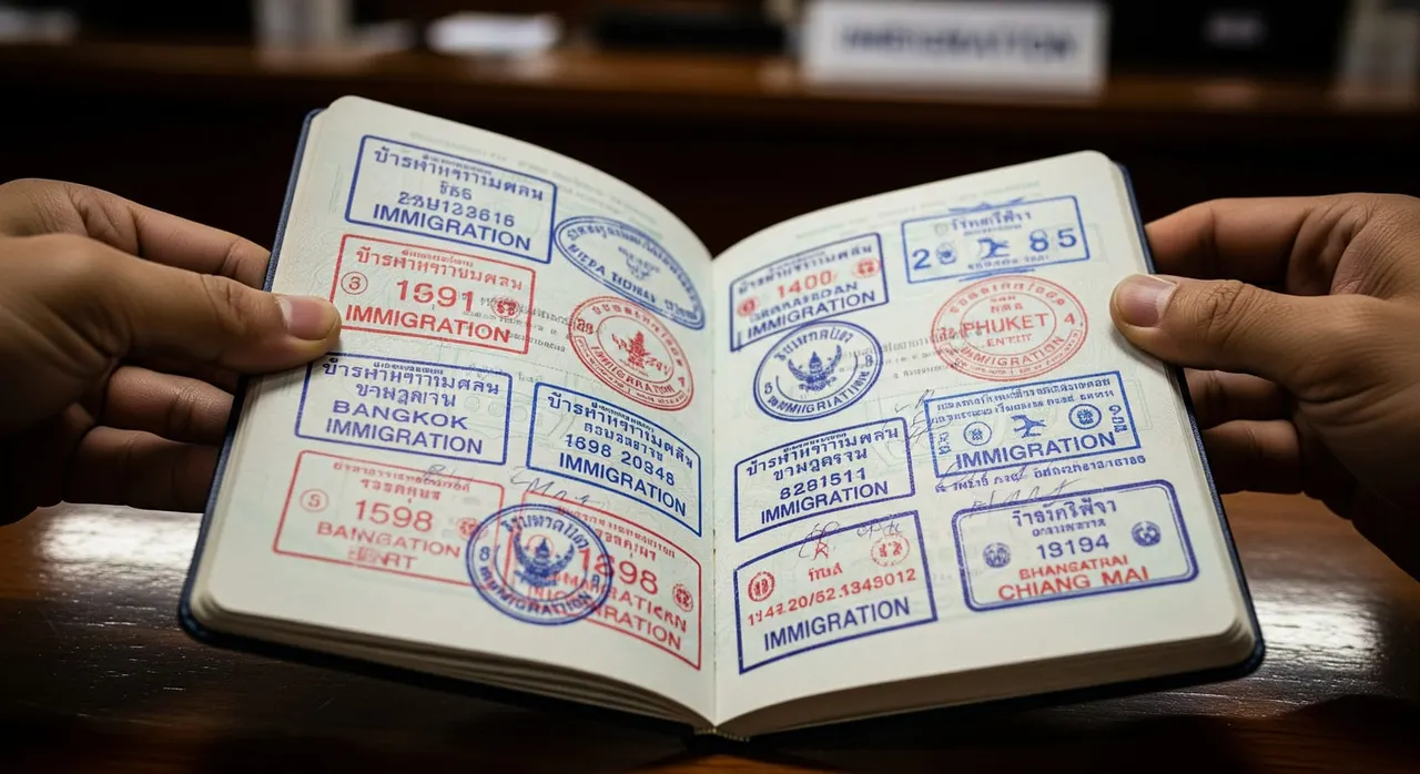 Close-up of a passport open to pages filled with Thailand entry and exit stamps, held above a wooden immigration counter.
