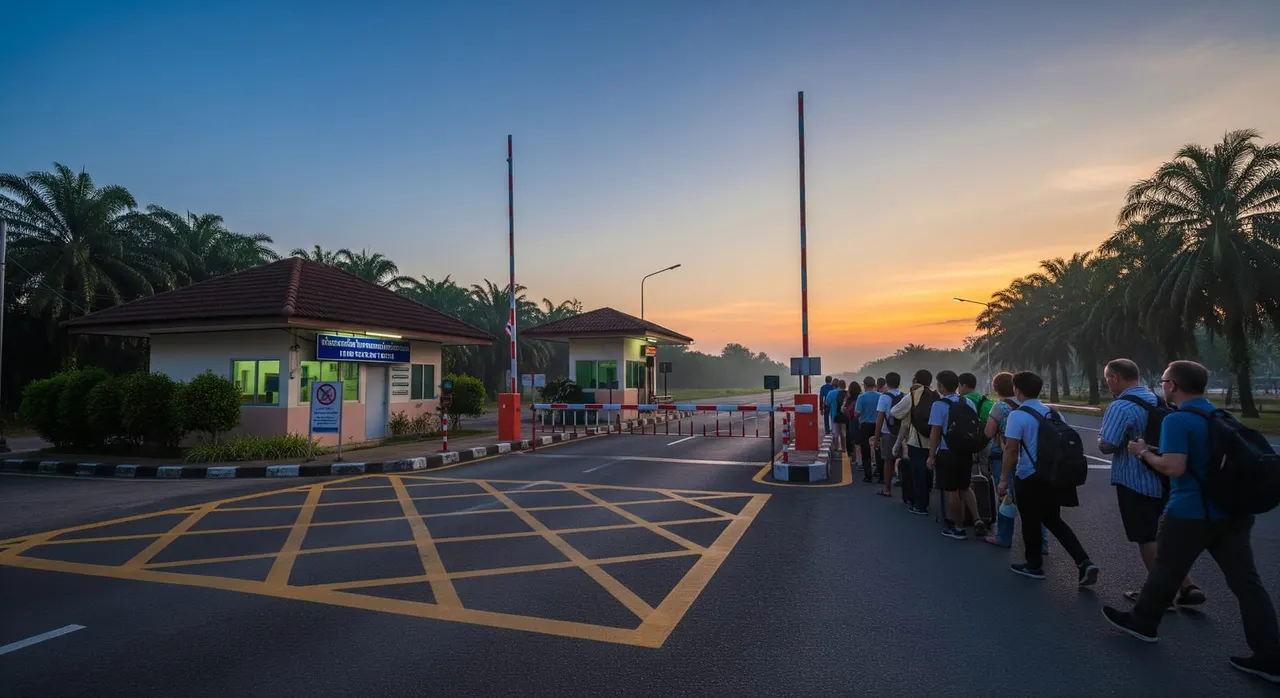 A land border checkpoint between Thailand and a neighbouring country at dawn, with a barrier gate, a queue of travellers on foot, and a small immigration building.