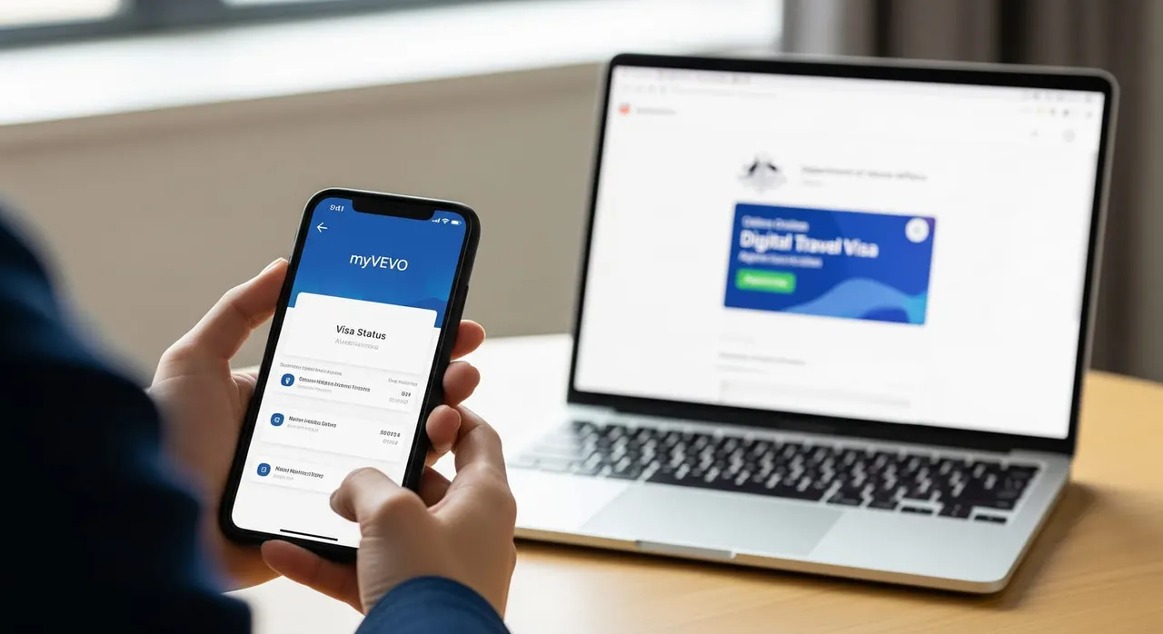 Een aanvrager in Australië die zijn visumstatus controleert via de myVEVO-app op een smartphone, met een laptop die het DTV-aanvraagportaal op de achtergrond toont.