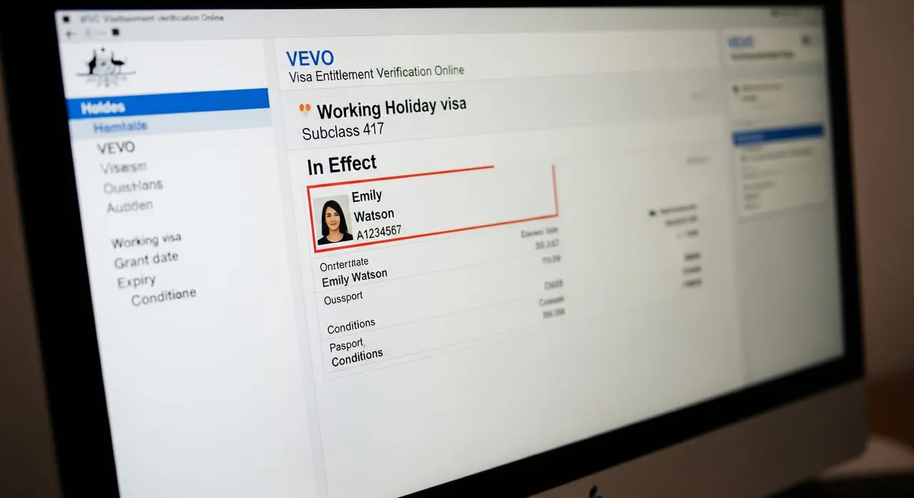 Een voorbeeld van een VEVO-resultatenscherm met de status ‘In Effect’ voor een Working Holiday visum subklasse 417, met de naam en het paspoortnummer van de houder duidelijk zichtbaar.
