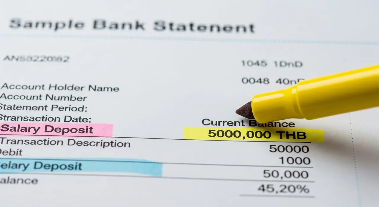 A sample bank statement page with a 500,000 THB balance highlighted and a salary deposit marked, showing key fields required by the embassy.