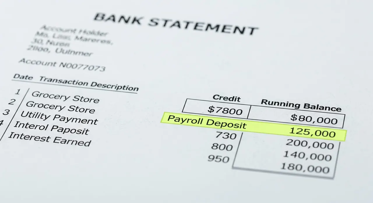 A properly formatted bank statement page displaying bank letterhead, account holder name, daily transactions with running balance, and highlighted income deposit.