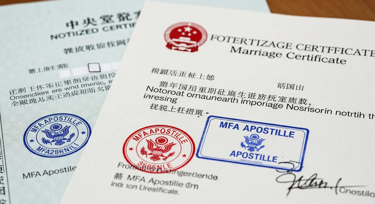 MFA Apostil damgası, her iki tasdik katmanını ve bir İngilizce çeviri sayfasını gösteren bir Çin noter tasdikli evlilik cüzdanının yakın çekimi.