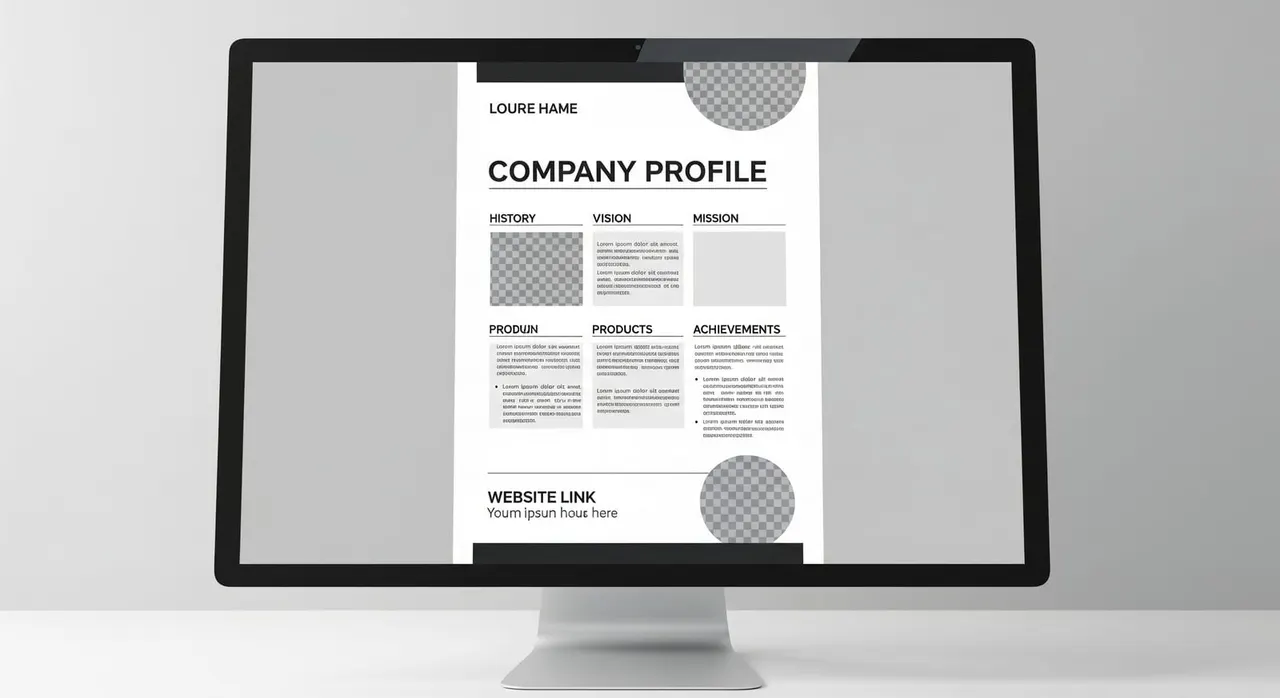 A clean company profile document template on a screen, with sections for history, vision, mission, products, achievements, and a website link.