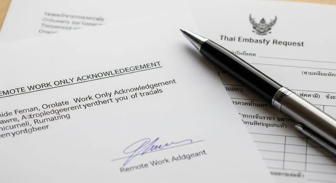 A close-up of a printed ‘Remote Work Only Acknowledgement’ letter with a signature, next to a pen and a Thai embassy document request form.