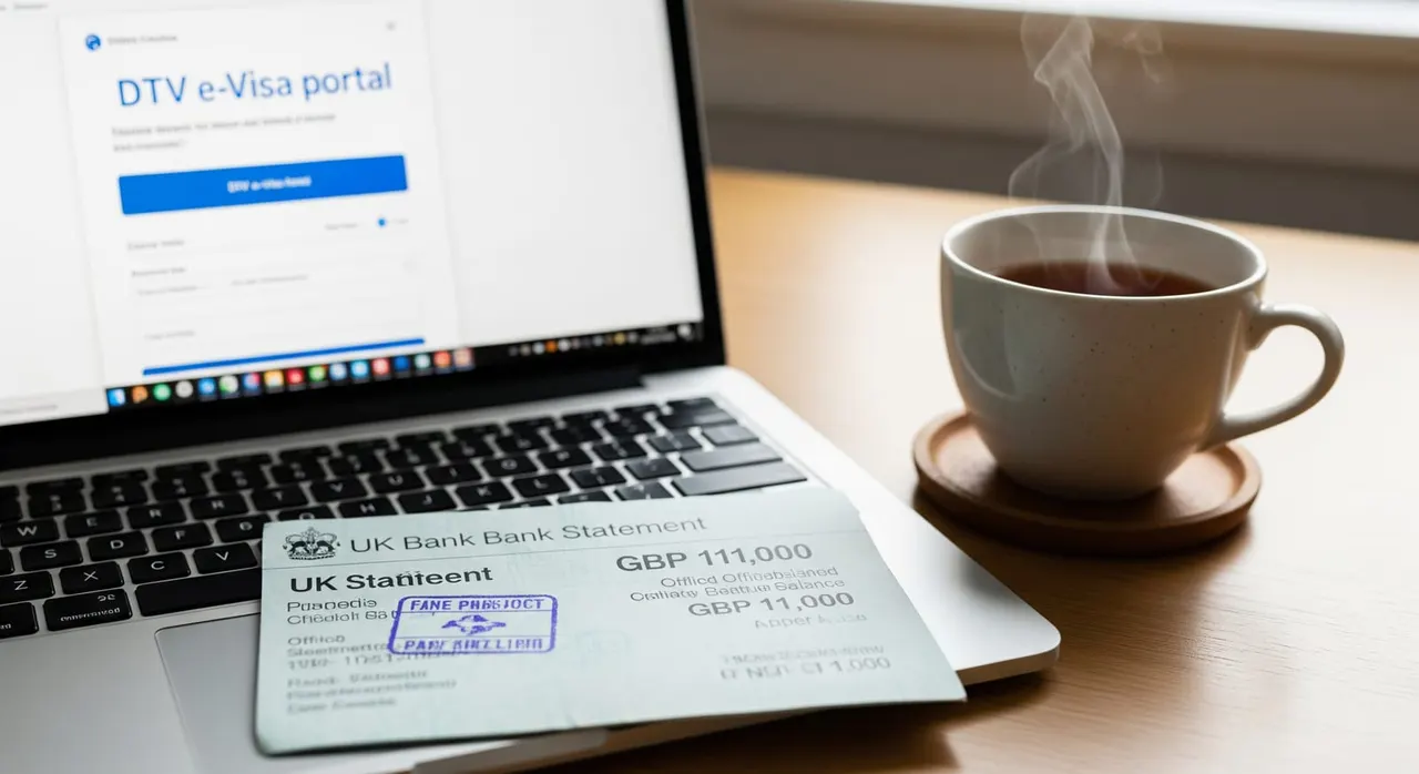 A close-up of a desk with a stamped UK bank statement showing a GBP 11,000 balance, a laptop open to the DTV e-Visa portal, and a cup of tea.