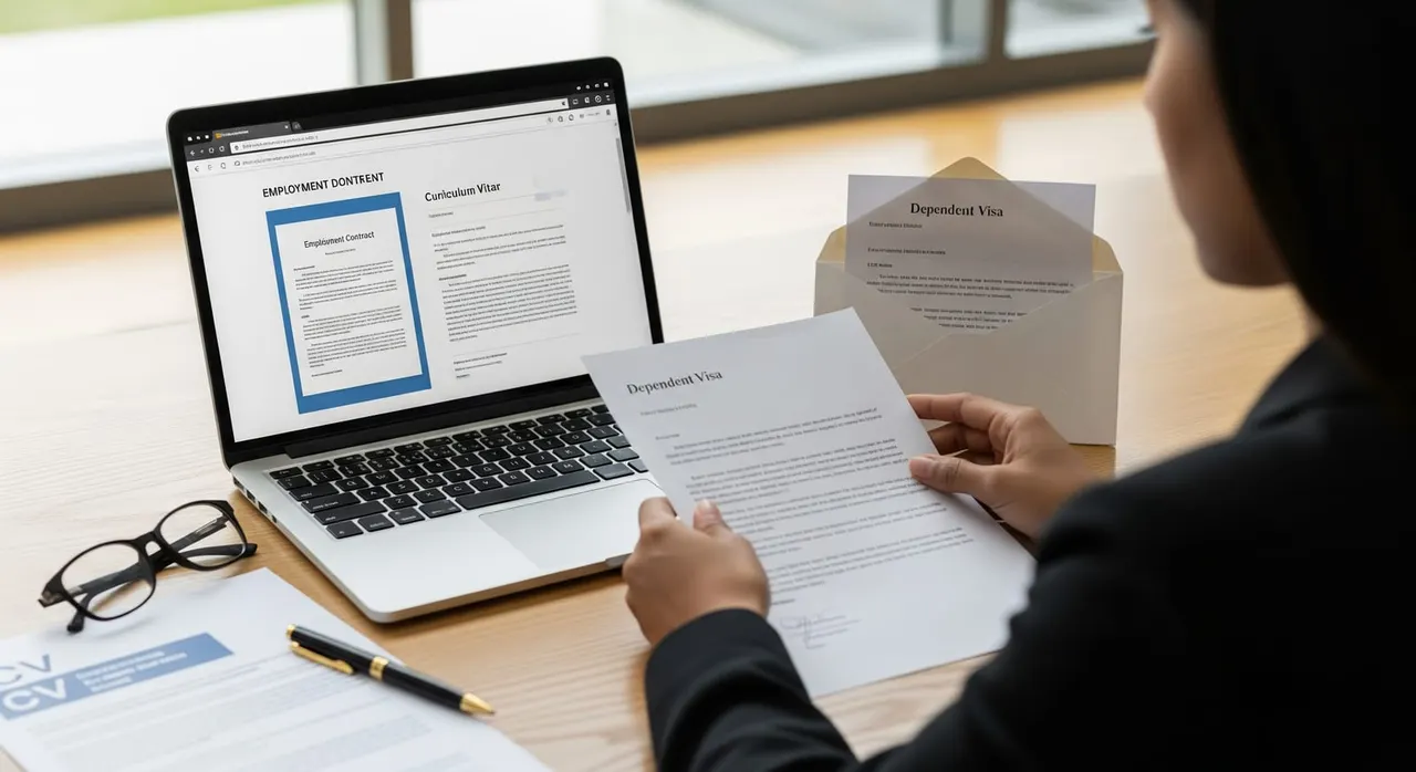 A realistic editorial scene illustrating a DTV holder reviewing employment documents, such as a contract and CV, on a laptop with official correspondence about a dependent visa application.
