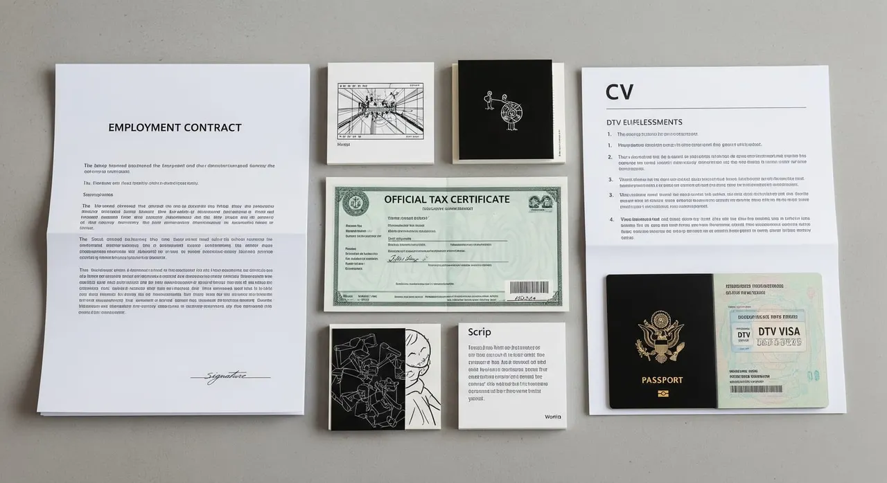 A neat collage of essential DTV holder support documents: employment contract, CV, income tax certificate, work samples and a valid DTV visa page.