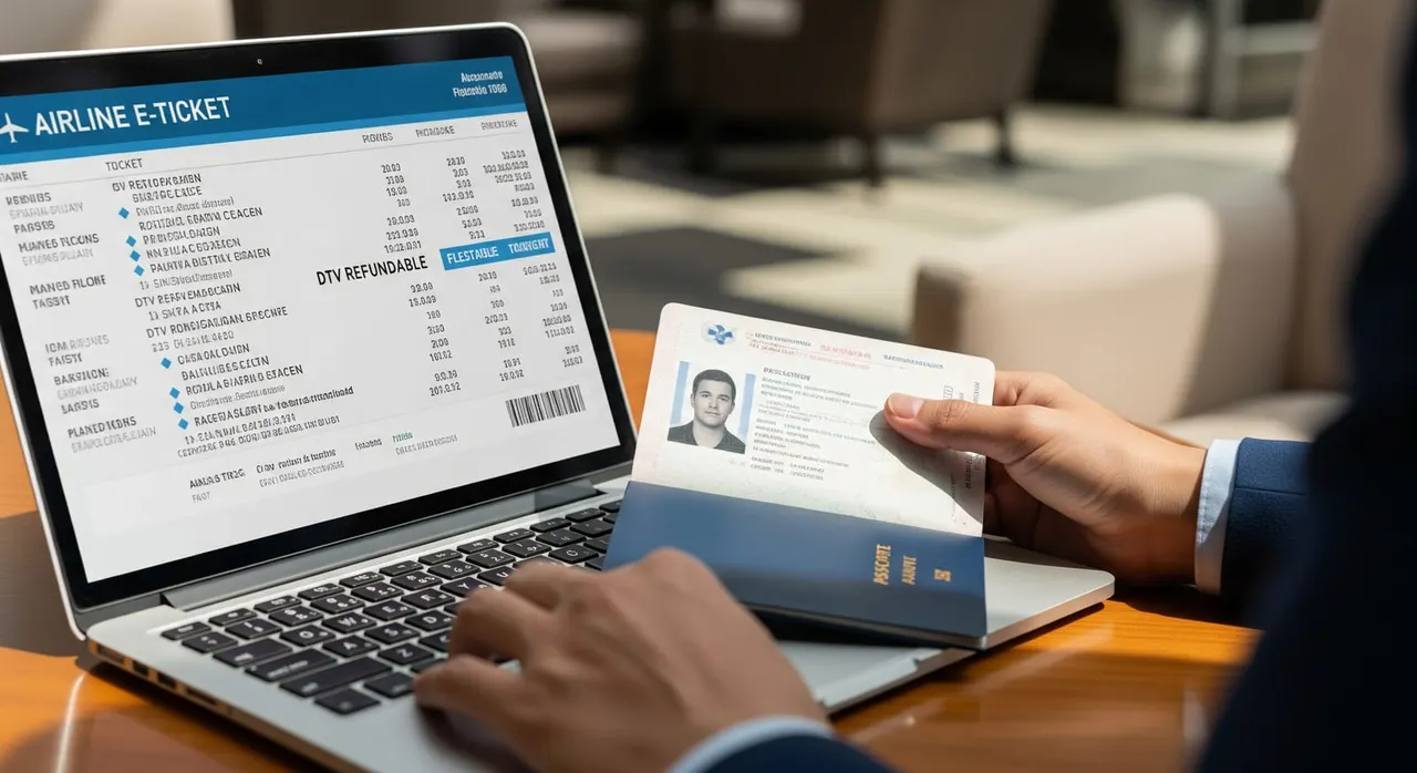 A traveler examining an airline e-ticket on a laptop with a passport visible, symbolizing the DTV refundable flight itinerary request.