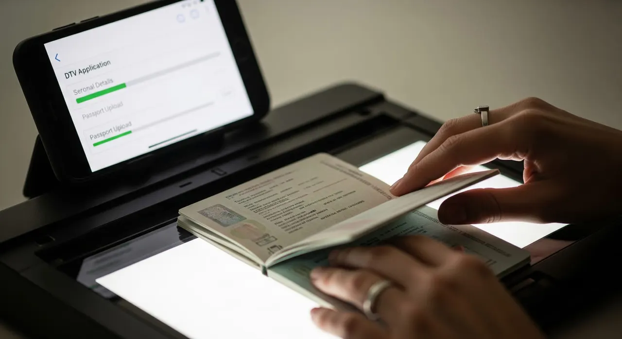 Applicant carefully scanning all passport pages on a flatbed scanner, with a smartphone showing a DTV application screen in the background
