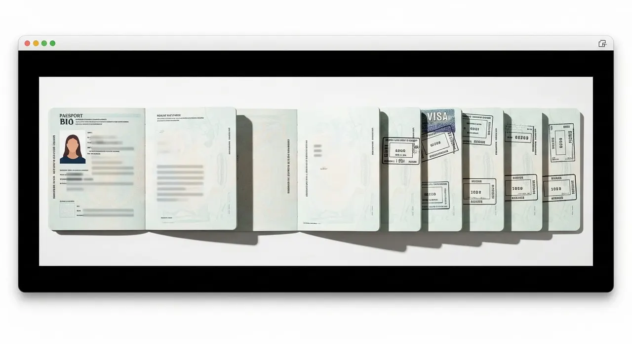 A clean one-page PDF thumbnail showing a full passport sequence merged in order, with the bio page first and blank pages visible