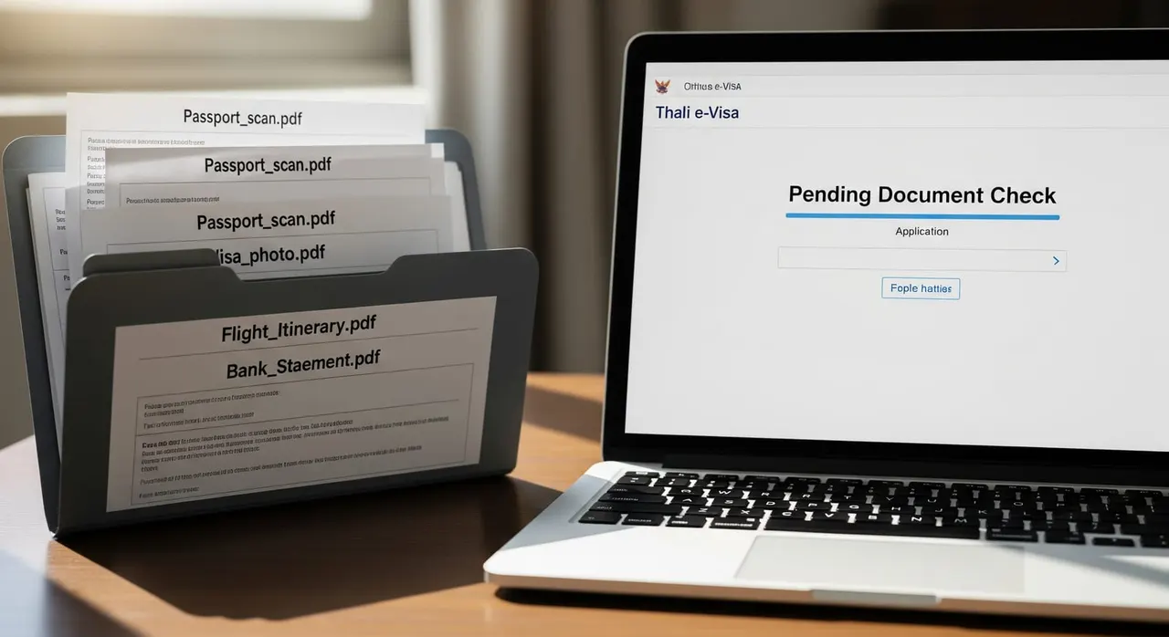 A laptop screen showing the Thai e‑visa portal with a 'Pending Document Check' status and a neatly organised folder of requested document PDFs.