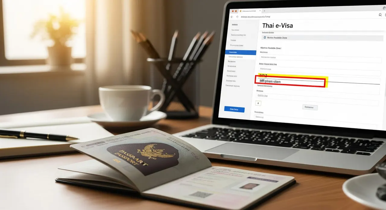 An applicant's desk with a passport open to the data page, a laptop showing the Thai e-Visa form, and a highlighted MRZ line indicating the hyphen removal.
