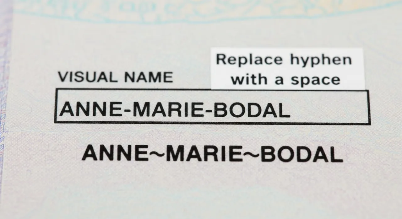 Close-up of a passport MRZ showing 'ANNE<MARIE<BODAL' with the visual name above reading 'ANNE-MARIE BODAL' and a note saying 'Replace hyphen with space'.