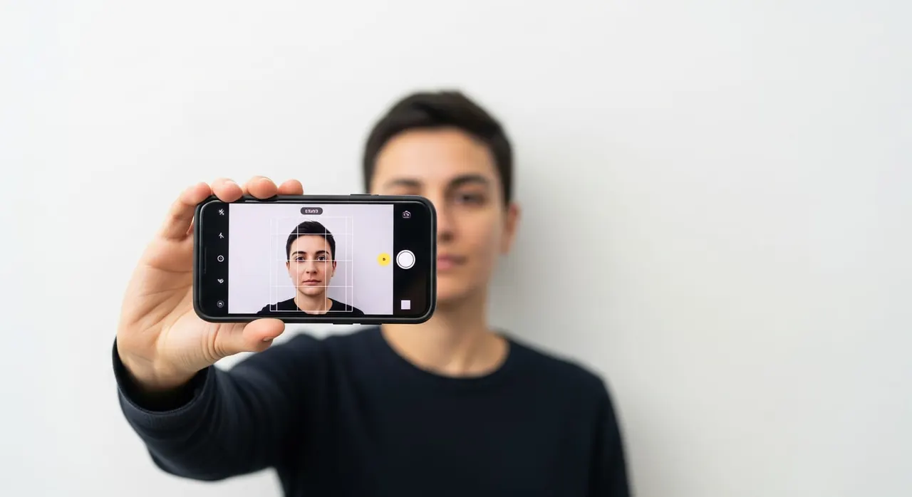 A traveler holding a smartphone at arm's length, taking a selfie with a neutral facial expression against a plain white wall, demonstrating how to capture an ICAO-standard DTV visa photo.