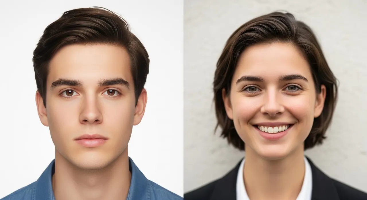 Side-by-side example: a correct DTV visa photo with neutral face, white background, and centered head; and an incorrect photo with a smile, off-white wall, and shadow behind the head.