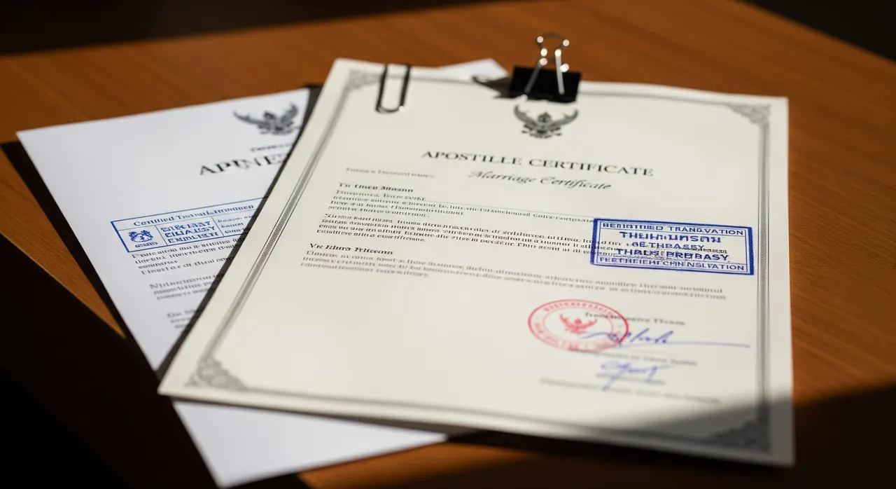 A document visual showing a marriage certificate with an apostille, Thai embassy stamp and a separate certified translation page bundled together