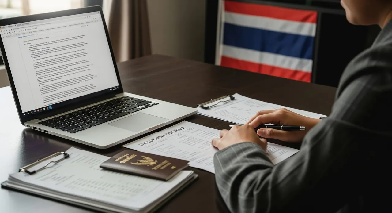 An applicant preparing their DTV motivation letter on a laptop, with supporting documents like passport, bank statements, and employment contract spread out on a desk, Thai flag in the background.